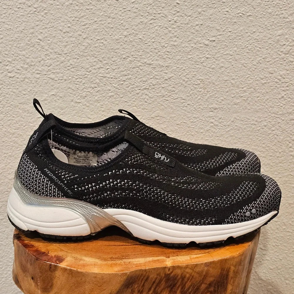 Ryka Hydrosphere Womens Black White Knit Slip On Walking Shoes Sneakers New 9M